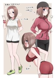 =3 alternate_hairstyle ass bare_legs baseball_cap bike_shorts blush bob_cut breasts brown_hair cowboy_shot female forehead from_behind from_side full_body grin hair_between_eyes hair_over_one_eye hairband hat highres hood hoodie ikari_manatsu kamihira_mao large_breasts leaning_forward looking_at_viewer looking_back medium_hair multiple_views one_eye_closed original pants pink_hoodie purple_eyes red_sports_bra shirt sideboob sideways_glance sigh simple_background smile sports_bra sportswear standing strap_gap sweatband track_pants translation_request wristband