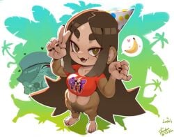 2d banana birthday_hat black_fingernails brown_eyes brown_hair forastero hairy_body jungle_background long_hair monkey_girl partially_clothed pubic_hair red_shirt shortstack