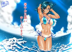 ami_mizuno bishoujo_senshi_sailor_moon gabri-l large_breasts medium_breasts micro_bikini midriff navel swimsuit tan tanline thick_thighs translation_request water wide_hips