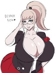 1girls 2d 2d_(artwork) alternate_breast_size anime anime_character big_breasts breasts cleavage cleavage_overflow danganronpa deep_cleavage english_text female female_only flirtatious flirting flirty giant_breasts gigantic_breasts glasses grey_eyes hair_ornament heart huge_breasts junko_enoshima large_breasts momiji_(artist) monokuma pale-skinned_female pale_skin ponytail school_uniform short_skirt simple_background straight_hair strawberry_blonde_hair text thick_thighs thick_thighs_save_lives white_background