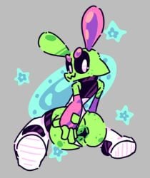 alien alien_humanoid ambiguous_gender ass clothing colored cute_expression freckles genderless green_body green_skin humanoid low_res poundfulpanda pulling_clothing simple_background solo sploot_(unknownspy) spread_butt spreading thick_thighs unknownspy