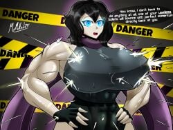 1girls abs biceps big_breasts black_hair blue_eyes breasts bullet busty caution_tape clothing cyan_eyes dialogue female female_only fingerless_gloves gloves glowing glowing_eyes hands huge_breasts kiora_(bossuman) large_breasts leotard looking_at_viewer mrmelted muscular muscular_female original scarf solo talking_to_viewer text thick_thighs thunder_thighs wide_hips