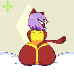 1girls bed big_ass big_butt butt cat_ears cat_tail catgirl dat_ass feline female_only furry furry_only heart huge_ass looking_at_viewer looking_back purple_hair red_body seductive seductive_look simple_background solo suit tagme yellow_eyes zitsunishi