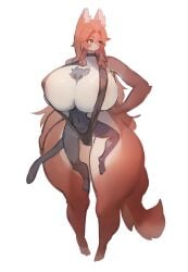 between_breasts big_breasts bikini breasts clothing_entrapment entrapment female furry gray_body huge_breasts nameless_character red_fur thick_thighs trapped_in_clothing utterangle white_background white_fur wide_hips