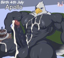 4th_of_july abs accipitrid accipitriform animal_crossing anthro apollo_(animal_crossing) areola avian balls beak big_penis bird birthday_cake bodily_fluids cake cum cum_on_face dessert eagle erection food genital_fluids genitals glans hi_res huge_cock humanoid_genitalia humanoid_penis male masterelrest muscular muscular_anthro muscular_male nintendo nipples pecs penis solo vein veiny_muscles