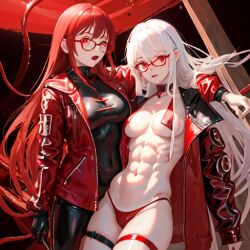 ai_generated glasses latex_clothing latex_jacket muscular_female nemus_waifu_generator red_eyes red_hair white_hair yuri