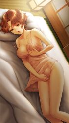 artist_request bare_arms bare_legs breasts brown_eyes brown_hair cleavage collarbone doukyuusei doukyuusei_another_world female female_masturbation futon game_cg grabbing_own_breast hair_intakes half-closed_eyes indoors lying masturbation medium_breasts on_side open_mouth panties pink_negligee pink_panties shingyouji_reiko short_hair solo strap_slip underwear