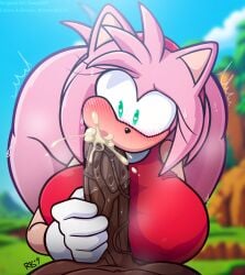 amy_rose big_ass big_breasts big_nipples big_penis blowjob clothed colored_sketch cum dark-skinned_male dark_skin female huge_ass human human_on_anthro interspecies jhostin38654 nipples_visible_through_clothing oral oral_sex penis snesti sonic_(series) sucking_penis