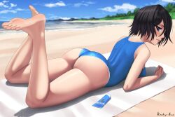 1girls ass beach big_ass bikini bleach bleach:_the_thousand-year_blood_war blush feet female female_only kuchiki_rukia looking_at_viewer looking_back ocean rocky-ace solo summer sunscreen swimsuit toes