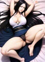 1girls 2023 ai_generated armpits arms_behind_head arms_up bed bedroom big_breasts black_eyes black_hair bleach bleach:_the_thousand-year_blood_war blue_eyes breasts cleavage clothing collarbone curvy curvy_figure detailed female female_focus female_only half-closed_eyes hands_behind_head haori hi_res highres huge_breasts human illumaru kimono large_breasts laying_on_back laying_on_bed long_hair milf naughty_face on_bed parted_lips revealing_clothes seductive_look seductive_smile shiny_skin skimpy smile solo solo_female stable_diffusion unohana_retsu unohana_yachiru voluptuous