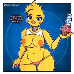 1:1 absurd_res animatronic anthro avian beak bird blonde_hair blue_eyes breasts chicken clothed clothing cupcake_(fnaf) english_text female five_nights_at_freddy's five_nights_at_freddy's_2 galliform gallus_(genus) hair hi_res kevwrite machine nipples panties panties_down partially_clothed phasianid pink_clothing pink_panties pink_underwear pinup pose robot scottgames sex_toy simple_background solo speech_bubble text toy_chica toy_chica_(fnaf) underwear underwear_down yellow_body