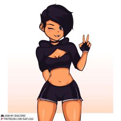 black_hair black_short_shorts jocelyn_(saifamelar) oc original_character peace_sign safloui saifamelar short_shorts tagme thick_thighs wink winking winking_at_viewer