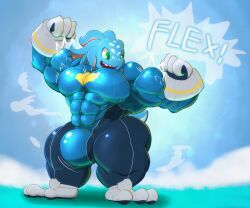 abs anthro ass biceps big_butt big_muscles bulge clothing expansion fish fizz_(lol) flexing flexing_bicep genitals growth hi_res huge_butt huge_muscles huge_thighs humanoid hyper hyper_genitalia hyper_muscles league_of_legends male mammal marine muscular muscular_anthro muscular_male null_bulge open_mouth pecs riot_games rubber rubber_clothing rubber_suit simple_background smile solo solo_male superhero_costume text thick_thighs vezerem wide_hips yordle