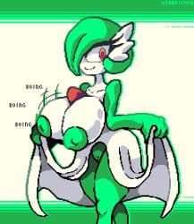 big_breasts bouncing_breasts breasts erect_nipples female gardevoir green_hair green_skin huge_breasts inverted_nipples inviting large_breasts long_eyelashes looking_at_viewer nintendo pixelated pokemon pokemon_(species) puffy_nipples pussy red_eyes solo text thedicock thick_thighs