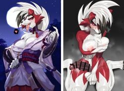 2023 anthro areola balls big_breasts blush breasts canid canine censored clothed clothing digital_media_(artwork) fur generation_7_pokemon genitals gynomorph heart hi_res instant_loss_2koma intersex looking_at_viewer lycanroc mammal mao_uyasunari midnight_lycanroc nintendo nipples nude penis pink_areola pink_nipples pokemon pokemon_(species) red_body red_fur smile solo tongue white_body white_fur