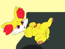 ass black_eyes female fennekin feral generation_6_pokemon genitals hi_res inner_ear_fluff lewdkitten069 lying nintendo paws pokemon pokemon_(species) pussy solo tongue tongue_out tuft yellow_body young