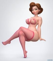 3d 3d_(artwork) annie_hughes blue_nails breast_cutout brown_hair fishnet_stockings fishnet_thighhighs fishnets g-string green_eyes iron_giant large_breasts legs_crossed looking_at_viewer mature_female milf mother open_bra pink_fishnets thick_thighs wide_hips zaknimb