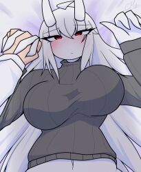 blush breasts female haku_(nfch_05054) holding_hand horns large_breasts laying_on_back nfch_05054 original original_character pov red_eyes signature turtleneck white_hair white_skin