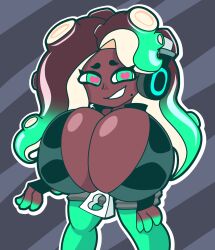 1girls 4_fingers :) big_breasts black_skin boob_window cleavage cleavage_overflow clothed female female_only happy headphones huge_breasts inner_sideboob looking_at_viewer marina_(splatoon) nintendo no_bra octoling pose shortstack smiling_at_viewer solo solo_female splatoon vivilove_lite zipper