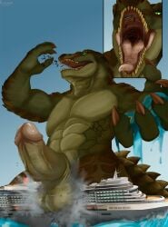 abs anthro balls big_penis carnak_(carpo) crocodile crocodilian crocodylid cruise_ship destruction erection genitals hi_res kurtcbrox macro male merchant_ship muscular muscular_anthro muscular_male passenger_ship penis reptile scalie ship solo vehicle vein veiny_penis vore watercraft