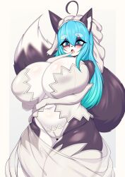 anthro big_breasts blue_eyes blue_hair blush breasts clothing cute female female_anthro female_only finger_to_mouth fur furry grey_fur hanul huge_breasts skimpy tailzkim thick_thighs wedding_attire wedding_dress wedding_gloves wedding_lingerie wedding_veil white_fur white_gloves wide_hips