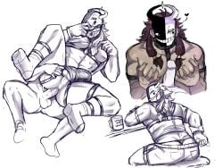 2boys anal_sex ass balls erection faceless_male gay gay_male gay_sex looking_pleasured male male/male male_only male_penetrating male_penetrating_male mask monochrome monsterbot muscular muscular_male original_characters pants_down partially_clothed pecjob pecs penetration penis sex