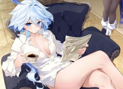 blue_eyes breasts crossed_legs female furina_(genshin_impact) genshin_impact hi_res jjjsss legs sitting tea teacup thick_thighs white_hair