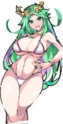 1girls bikini breasts enpe female female_only green_eyes green_hair kid_icarus laurel_crown light-skinned_female light_skin long_hair nintendo open_mouth palutena solo