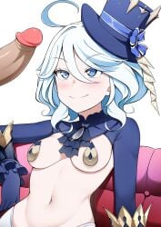 1boy absurdres ahoge ascot big_penis black_ascot black_gloves blue_eyes blue_hair blue_headwear breasts closed_mouth female furina_(genshin_impact) genshin_impact gloves hair_between_eyes hat heterochromia highres light_blue_hair limelam06 long_hair looking_at_viewer meme_attire navel pasties penis revealing_clothes reverse_bunnysuit reverse_outfit shrug_(clothing) small_breasts solo_focus stomach top_hat uncensored white_background