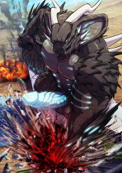 abs anthro balls big_penis blood bodily_fluids cobra destruction dragon erection explosion genitals hi_res kai'nek_(pyronite) macro male muscular muscular_anthro muscular_male pecs penis reptile scalie snake solo tatugon