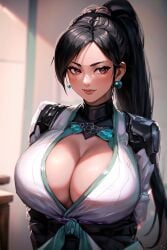 ai_generated big_breasts blush cixf cleavage_cutout huge_breasts looking_at_viewer riot_games robe sage_(valorant) solo valorant