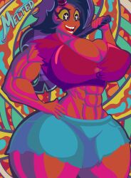 1girls abs biceps big_breasts black_hair breasts demon demon_girl female female_only helluva_boss horns imp millie_(helluva_boss) mrmelted muscular muscular_female shirt shorts solo thick_thighs thunder_thighs tied_shirt wide_hips