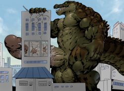 abs anthro balls big_penis building_penetrated building_sex carnak_(carpo) city crocodile crocodilian crocodylid erection genitals hi_res macro male masterelrest muscular muscular_anthro muscular_male nude penis reptile scalie solo