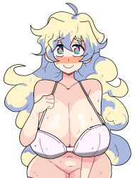 1girls ahoge big_breasts big_thighs blue_eyes bottomless bra cleavage doodle female huge_breasts long_hair nia_teppelin no_panties notnoe_(dxcl) partially_nude platinum_blonde_hair request smile solo solo_female sweat sweaty_body tagme tengen_toppa_gurren_lagann thick_thighs thighs white_background white_bra