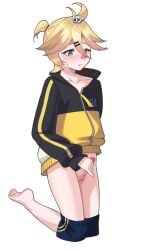 1boy absurdres bandaid bandaid_on_face bandaid_on_nose blonde_hair blue_eyes blush clothes_pull erection hair_between_eyes highres kagamine_len kneeling male_focus male_masturbation masturbation penis precum pyruvate shorts shorts_pull solo sweatdrop testicles uncensored vocaloid white_background