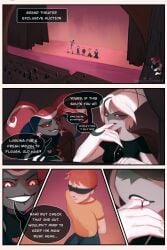 1boy auction biting_finger blindfold blindfolded blood blush carmilla_carmine comic comic_page comic_panel demon demon_girl english_text ginger ginger_hair ginger_male grey_skin hazbin_hotel horns imminent_fellatio imminent_oral implied_futa male oc owotodiuwu pent_up porn_comic red_eyes red_hair rivals slave slave_boy slavery stage text theatre two-tone_hair velvette white_hair