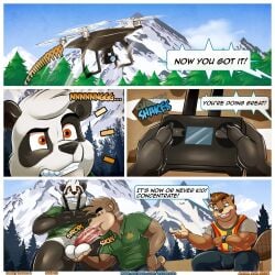 2024 aaron_(artist) aiden_(aaron) anthro balls bear beaver big_balls big_bulge big_penis blue_eyes bodily_fluids bottomless bottomless_male brown_body brown_fur bulge clenched_teeth clothed clothing collared_shirt comic contest dialogue digital_media_(artwork) drone_(vehicle) english_text erection fellatio fur genitals giant_panda hand_on_balls hi_res humanoid_genitalia humanoid_penis justin_(aaron) machine male male/male mammal mountain muscular muscular_anthro muscular_male oral orange_eyes outside_sex penile penis polo_shirt pubes rodent safety_vest saliva sex shirt speech_bubble tan_body tan_fur teeth text throbbing throbbing_penis topwear url ursine vein veiny_penis vest white_body white_fur work_uniform