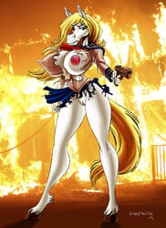 1girls anna_(sailoranna) anthro big_breasts blonde_hair breasts clothing equid equine female female_only fur gun hair hi_res horse jilo lost_clothes mammal nipple_outline nipples pussy ranged_weapon solo torn_clothing weapon white_fur