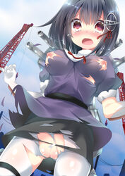 belt black_hair blue_dress blush breasts cannon dress enf female haguro_(kantai_collection) hair_ornament hairclip kantai_collection kuriyuzu_kuryuu looking_at_viewer nipples no_bra no_panties open_mouth pantyhose pussy red_eyes ribbon skirt solo torn_clothes torn_pantyhose