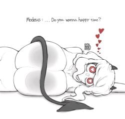 1girls ayatakazumu big_breasts demon demon_girl demon_horns dialogue english_text female female_focus heart heart_symbol helltaker huge_breasts large_breasts looking_at_viewer massive_areolae massive_breasts modeus_(helltaker) pale_skin source_request talking_to_viewer text