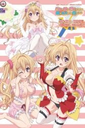 :o antenna_hair ass_visible_through_thighs baka_na_imouto_o_rikou_ni_suru_no_wa_ore_no_xx_dake_na_ken_ni_tsuite bare_shoulders barefoot blonde_hair blush breasts bridal_gauntlets bridal_veil center_opening cleavage closed_mouth collar collarbone copyright_name cosplay covering_privates cropped_legs dress feet female floating flower gauntlets gem hair_ornament hair_ribbon highres huge_breasts jewelry large_breasts leaf long_hair looking_at_viewer mitsui_hana multiple_views narrow_waist nipples one_eye_closed open_clothes open_mouth pantyhose pink_flower pink_rose purple_eyes ribbon rose shiny_skin short_hair side_ponytail simple_background smile solo star_(symbol) striped_background sword tiara tongue underwear veil very_long_hair weapon wedding_dress white_pantyhose yellow_flower yellow_rose