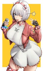 1girls absurdres ahoge big_breasts black_gloves blue_eyes border breasts collar commentary_request cropped_jacket dress duplicate elphelt_valentine female female_only fingerless_gloves gloves guilty_gear guilty_gear_strive hairband highres jacket large_breasts light_blush looking_at_viewer one_eye_closed open_mouth pink_jacket pixel-perfect_duplicate short_hair smile solo souma_(so_u_maaaaa) spiked_collar spiked_hairband spikes star_(symbol) white_border white_dress white_hair