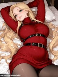 1girl ai_generated arlequin097 arms_behind_head arms_up belt black_pantyhose blonde_hair blue_eyes breasts brown_pantyhose dress forehead grin hair_spread_out harness large_breasts lips long_hair long_sleeves looking_at_viewer lying on_back on_bed panties panties_under_pantyhose pantyhose parted_bangs patreon_username pillow rapunzel rapunzel_(tangled) red_sweater ribbed_sweater smile solo sweater sweater_dress tangled teeth turtleneck underwear very_long_hair