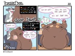 4:3 anthro armchair belly belly_overhang big_belly blush blushing_profusely bodily_fluids bovid bovine brown_body brown_fur canid canine canis cattle chair chat_box chunkazoid comic dessert domestic_dog doughnut drooling duo eating english_text food food_on_body fur furniture grey_body grey_fur heart_symbol hi_res holding_food holding_object huge_belly livestream male male/male mammal moobs morbidly_obese multicolored_body multicolored_fur nipples nude_male obese overweight pastry saliva sitting_on_another sound_effects text weight_difference white_body white_fur