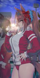 3girls absurdres animal_ears blue_sky bow breasts brown_hair buruma commentary daiwa_scarlet_(umamusume) female female_only from_side gym_shorts gym_uniform hair_between_eyes hairband hand_on_own_hip highres horse_ears horse_girl horse_tail jacket large_breasts lens_flare long_hair long_sleeves multiple_girls open_mouth outdoors parted_lips profile red_bow red_buruma red_eyes red_hair red_shorts sarcophage sfw shorts sky solo_focus tail thighs tiara tracen_training_uniform track_jacket twintails umamusume very_long_hair zipper