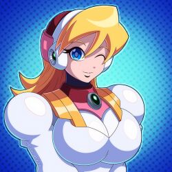 1girls 2026 2d 2d_(artwork) 2d_artwork alia alia_(mega_man) android big_breasts blonde_hair blue_eyes breasts capcom eyelashes female gem hi_res high_quality high_resolution highres jewelry labcoat long_hair mega_man mega_man_x reploid rockmangrave scientist wink