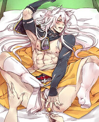 1boy anal anal_object_insertion ass curled_toes fangs kogitsunemaru long_hair looking_at_viewer male_only on_back penis pov sex_toy shrug_(clothing) touken_ranbu uchiko white_hair