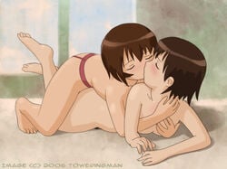 2006 2girls azumanga_daiou barefoot black_hair blush breast_grab breasts brown_hair closed_eyes cowgirl_position feet female female_only flat_chest from_behind groping groping_from_behind hug human kagura_(azumanga_daiou) kissing lying multiple_females multiple_girls mutual_yuri nude on_stomach oppai reach_around sex short_hair soles strap-on tomo_takino toweringman yuri