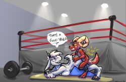 all_fours anthro ass blonde_hair bottomwear bottomwear_down bovid breasts caprine clothed clothing curled_horn dialogue digital_media_(artwork) doggy_style duo female fighting_ring from_behind_position fur goat gym hair hi_res hooves horn humping kobold lizardillochips male mammal mostly_nude mostly_nude_anthro mostly_nude_male nude nude_anthro nude_female pants pants_around_ankles pants_down partially_clothed red_body reptile scales scalie sex smile speech_bubble tail teeth text thick_tail vasira weights white_body white_fur yellow_eyes