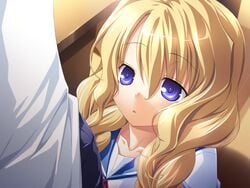 background beige_skin blonde_hair chu_x_chu_idol color eroge female game_cg human kneeling long_hair open_eyes open_mouth purple_eyes solo_focus uesugi_uta